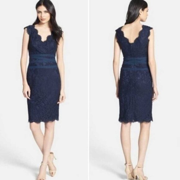 Tadashi Shoji Dresses & Skirts - Tadashi Shoji Sleeveless V-Neck Lace Cocktail Dress Navy Blue Banded Waist, Sz 8